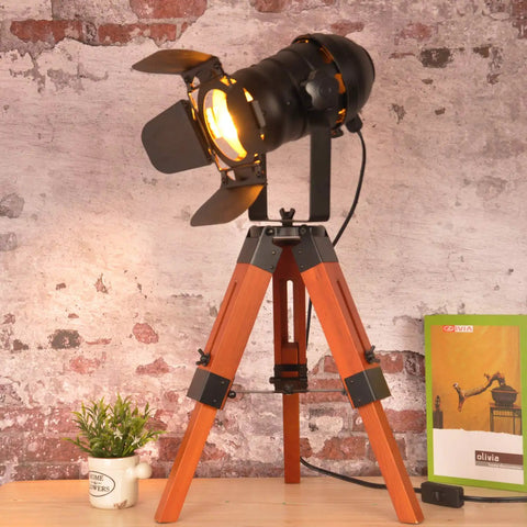 Tripod Floor Lamp With Industrial Vintage Vibe, Metal And Wood Finish, Nautical Cinema Style Standing Searchlight, Black And Wood