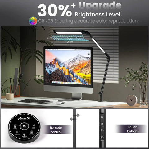 LED Desk Lamp With Clamp Clip On in home office, sleek adjustable design, 16 inch swivel head, 84 SMD LEDs 95 CRI, remote control, 15W