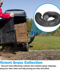 Heavy Duty Lawn Vacuum Replacement Hose for Mow-N-Vac and Chip-N-Vac Riding Mowers, shown collecting grass clippings.