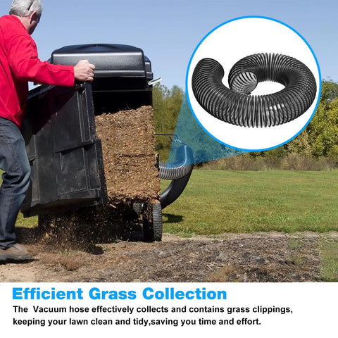 Heavy Duty Lawn Vacuum Replacement Hose for Mow-N-Vac and Chip-N-Vac Riding Mowers, shown collecting grass clippings.