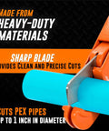 Heavy Duty PEX And Pipe Cutter For Plumbing, Cuts PEX One Eighth To One Inch, cutting blue PEX pipe close-up