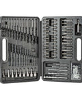 Front view of BLACK+DECKER 109-piece drill and screwdriver bit set in a gray plastic case