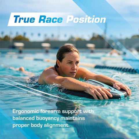 Swimmer using Hydrofoil Kickboard For Adults With Ergonomic Convex Design And Angled Cutouts in pool for freestyle practice