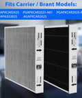 MERV 16 20X25X3In air filter for Bryant Carrier purifier, shown with both front and side views, fits PGAPXCAR2025 models, 2 pack.