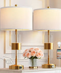Dope Gold Table Lamp Set Of 2 With USB A And USB C Ports, touch control, modern brass nightstand lamps with white shades, 2700K LED bulbs included.