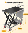 CAMMOO hydraulic lift table cart, gray, 500 lb capacity, 28.5 in lift height, non-slip pad, foldable handle, wheels.