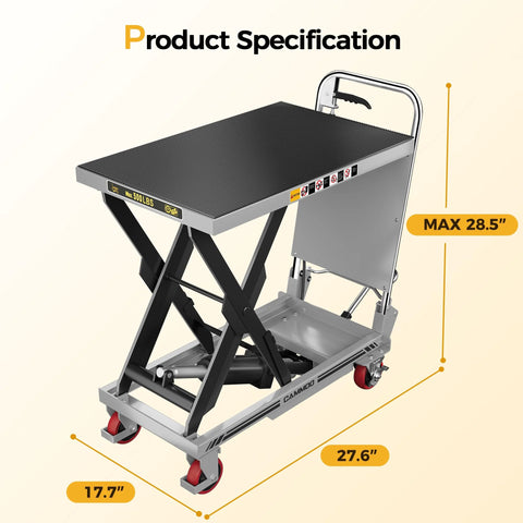 CAMMOO hydraulic lift table cart, gray, 500 lb capacity, 28.5 in lift height, non-slip pad, foldable handle, wheels.