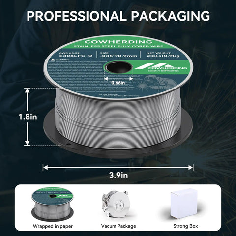 Image of No Gas Shielding Flux Cored 0.035 Inch Stainless Steel MIG Wire E308LFC-O, 2 Lb Spool, with dimensions, on ABS reel