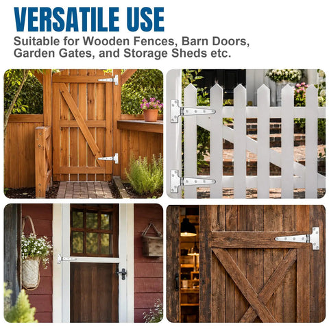 Tough As Nails 8X4 Inch 316 Marine Grade Stainless Steel T Hinges 2 Pack Heavy Duty Gate Hinges displayed on wooden gates.