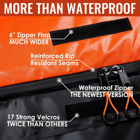 Close-up of Road Trip Ready Rooftop Cargo Carrier Bag 15 Cubic Feet Waterproof Heavy Duty 840D Car Roof Bag zipper and seam details.
