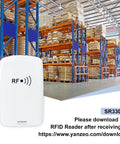 SR3308 UHF RFID Reader Writer with USB Interface in warehouse setting, racks with boxes, download link visible