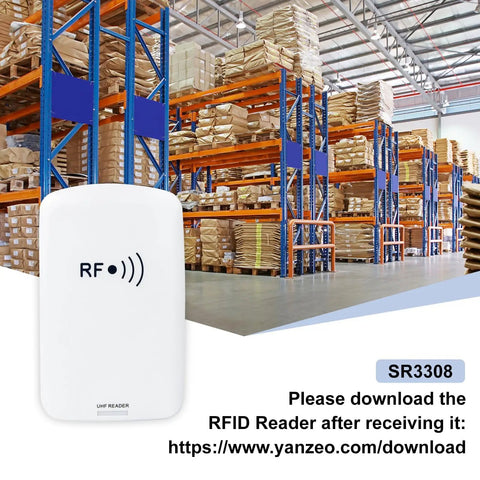 SR3308 UHF RFID Reader Writer with USB Interface in warehouse setting, racks with boxes, download link visible