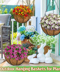 Outdoor patio with 2 Pack 14 Inch Hanging Baskets For Plants Outdoor With Coco Liner, Metal Wire Round Planters and flowers.