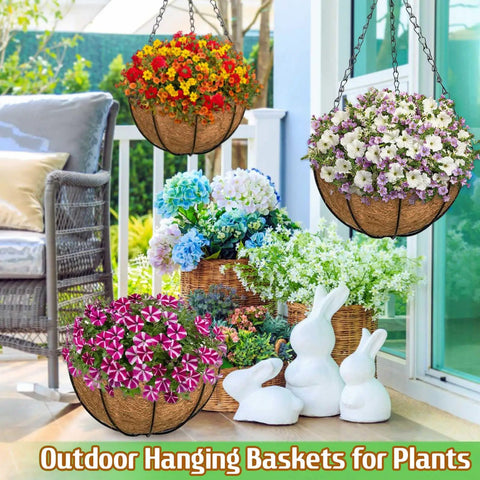Outdoor patio with 2 Pack 14 Inch Hanging Baskets For Plants Outdoor With Coco Liner, Metal Wire Round Planters and flowers.