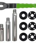 Pro Grade Angle Grinder Extension Shaft Kit With 3 Inch, 4 Inch, And 5.5 Inch Rods, Adjustable Wrench, Flange Nut Set visible in kit