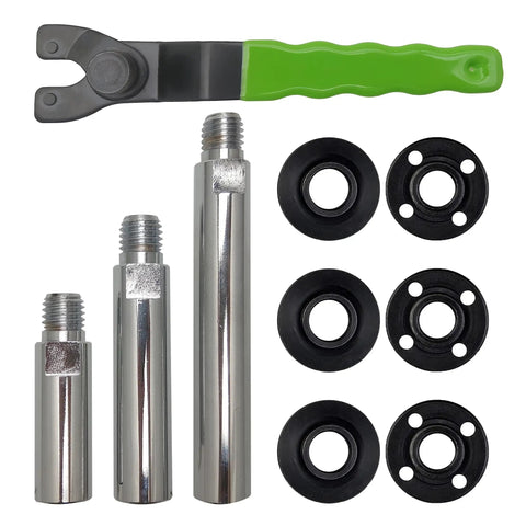 Pro Grade Angle Grinder Extension Shaft Kit With 3 Inch, 4 Inch, And 5.5 Inch Rods, Adjustable Wrench, Flange Nut Set visible in kit