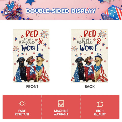 Patriotic 4th Of July Garden Flag 12x18 Inch Double Sided Yard Outdoor Decoration Weather Resistant Durable Polyester Fabric With Stars And Stripes All American For Memorial Day And Independence Day featuring 'Red White & Woof' design with dogs.