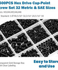Plug-and-Play 1500-Piece Set Screws Kit With 32 Sizes Metric And SAE, Black 12.9 Alloy Steel Grub Screws in storage box