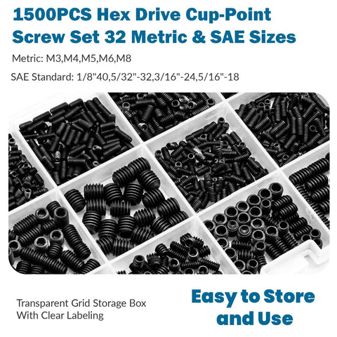Plug-and-Play 1500-Piece Set Screws Kit With 32 Sizes Metric And SAE, Black 12.9 Alloy Steel Grub Screws in storage box