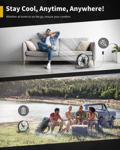 Battery Powered Floor Fan With 15600mAh Rechargeable Battery, 12 Inch Black High Velocity Drum Fan For Indoor Outdoor Use