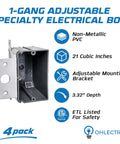 Heavy Duty Adjustable Pvc Outlet Box Four Pack With Secure Mounting Brackets For Switches Gfci And Duplex Receptacles Fire Rated Wall Housing shown with adjustable bracket and PVC material.