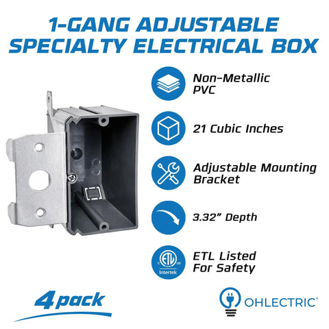 Heavy Duty Adjustable Pvc Outlet Box Four Pack With Secure Mounting Brackets For Switches Gfci And Duplex Receptacles Fire Rated Wall Housing shown with adjustable bracket and PVC material.
