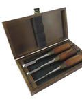Top Tier Japanese Style Dovetail Chisel Set Built Heavy Duty With Chrome Manganese Steel Hardened To Rc Fifty Nine in wooden box.