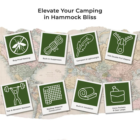 Bug Free Sky Bed Camping Hammock Tent With Flat Lay Sleep features like bug-proof netting and compact design on map background.