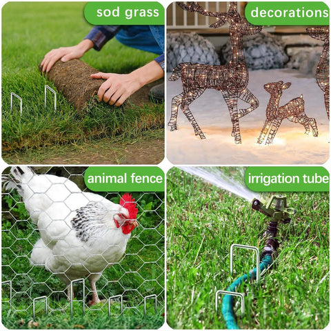 4 scenes showing 50 Pack 4 Inch Landscape Staples 12 Gauge Galvanized Heavy Duty Ground Stakes used for sod, decorations, animal fence, irrigation.