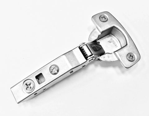 Soft Close Full Overlay Hinge Set For 15 To 22 Mm Doors With 0 Mm Face Frame Plate 35 Mm Cup 12.8 Mm Cup Depth 40 Mm Hole Spacing Clip On Install And Integrated Silent System Hettich Euro 110, showing top view of the metal hinge with mounting plate and screws.