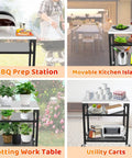 Four use cases of Movable Pizza Oven Table And Prep Cart For Outdoor Grills, shown as BBQ station, kitchen island, potting table, utility cart.
