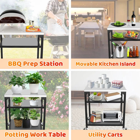 Four use cases of Movable Pizza Oven Table And Prep Cart For Outdoor Grills, shown as BBQ station, kitchen island, potting table, utility cart.