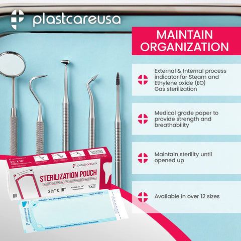 Image showing Self Sealing Sterilization Pouches 3.5 By 10 Inches Latex Free With Color Changing Indicator 200 Count Bulk Pack for dental tools.
