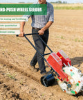 Person using Walk Behind Seed Planter With Integrated Fertilizer Applicator Six Hole Row Crop Seeder for planting in field.