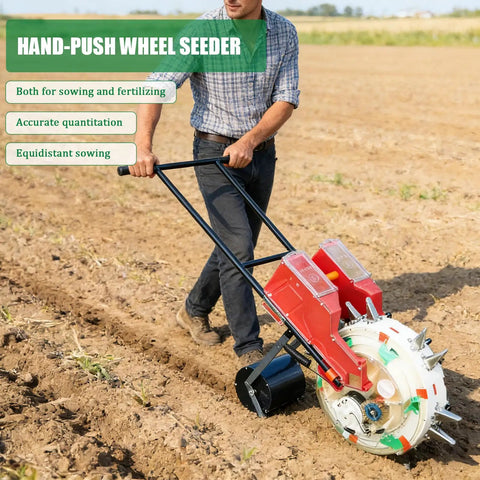 Person using Walk Behind Seed Planter With Integrated Fertilizer Applicator Six Hole Row Crop Seeder for planting in field.