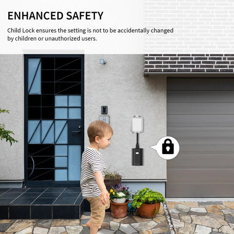 Outdoor Matter Smart Plug 2 Pack IP65 Waterproof No Hub Needed Works With Alexa Google Home Apple Home SmartThings Smart Life 2.4GHz WiFi Outdoor Outlet installed near door with child lock symbol.