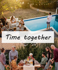 People gathering around a pool and outdoor dining area under string lights, illustrating uses for Outdoor String Light Pole With 5 Prong Fork Steel Pole For Patio Garden Backyard And Events Plug And Play Easy Setup 3 Section Detachable Design 2 Pack For Parties Weddings Cafe Terrace Decoration.