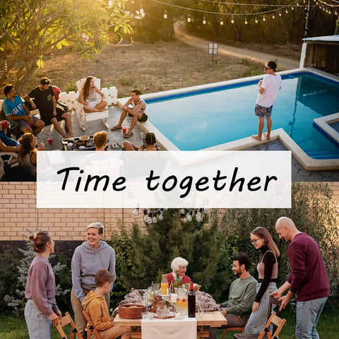 People gathering around a pool and outdoor dining area under string lights, illustrating uses for Outdoor String Light Pole With 5 Prong Fork Steel Pole For Patio Garden Backyard And Events Plug And Play Easy Setup 3 Section Detachable Design 2 Pack For Parties Weddings Cafe Terrace Decoration.