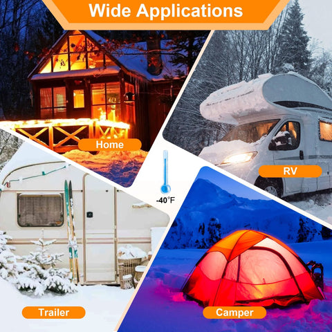 Ficstar 20ft heated RV water hose; collage shows home, RV, trailer, and camper scenes with -40°F thermometer