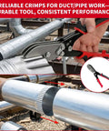 5 Blade Hand Crimper For Sheet Metal 24 28 Gauge Ductwork HVAC Crimping Tool in use on galvanized steel pipe