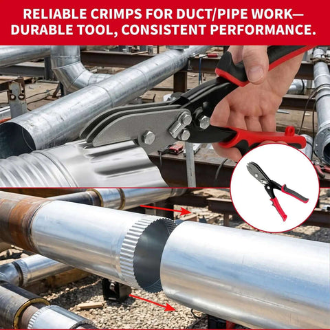 5 Blade Hand Crimper For Sheet Metal 24 28 Gauge Ductwork HVAC Crimping Tool in use on galvanized steel pipe