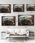 Old School Steampunk Steam Train Canvas Wall Art With Black Framed Finish Antique Locomotive Poster in various sizes above a sofa