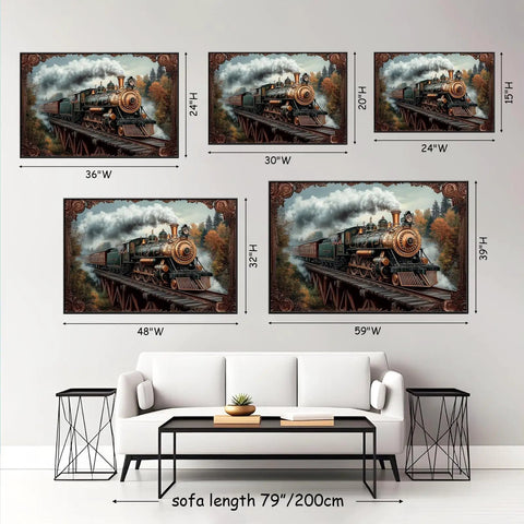 Old School Steampunk Steam Train Canvas Wall Art With Black Framed Finish Antique Locomotive Poster in various sizes above a sofa