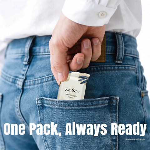 On The Go Mini Water Activated Towel Tablets, individually wrapped in pocket for convenient use