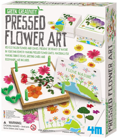 Green Creativity Pressed Flower Art Kit With Recycled Flowers for kids includes tools to create cards and bookmarks.
