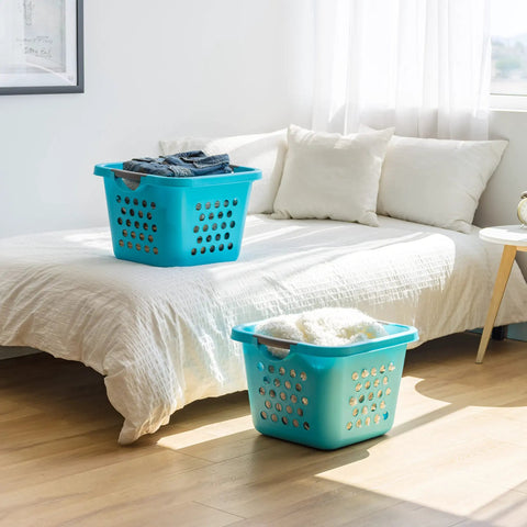 Deep 30L Laundry Basket Hamper Organizer With Built In Comfort Carry Handles So Handy Ventilated Nestable Design 2 Pack Medium Teal in bedroom