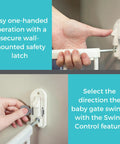 Person using the wall-mounted latch on Tall Easy Swing and Lock Baby Gate Series 2 for stairs and doorways, adjustable ivory model.