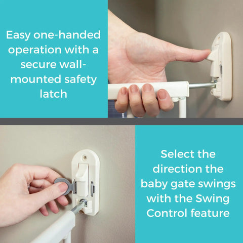 Person using the wall-mounted latch on Tall Easy Swing and Lock Baby Gate Series 2 for stairs and doorways, adjustable ivory model.