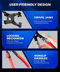 Orion Motor Tech hose clamp pliers with red handles and black jaws; swivel jaws and locking mechanism.