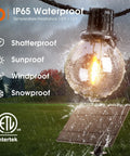 Close-up of 56 Ft Solar String Lights With Remote And USB Charging, 27 Shatterproof G40 Bulbs, waterproof in rain